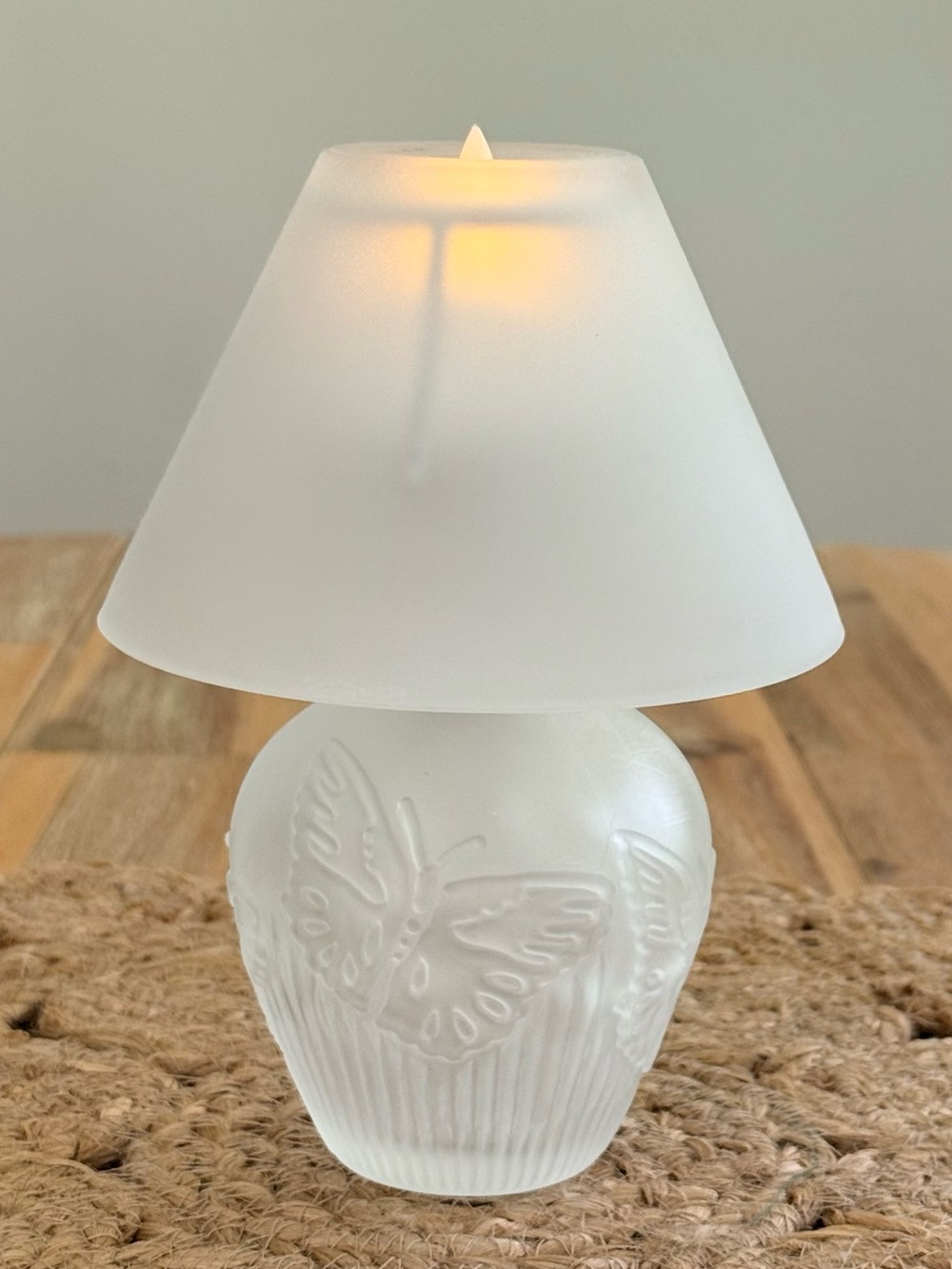 White Butterfly Frosted Glass Tea Light Lamp Battery Operated